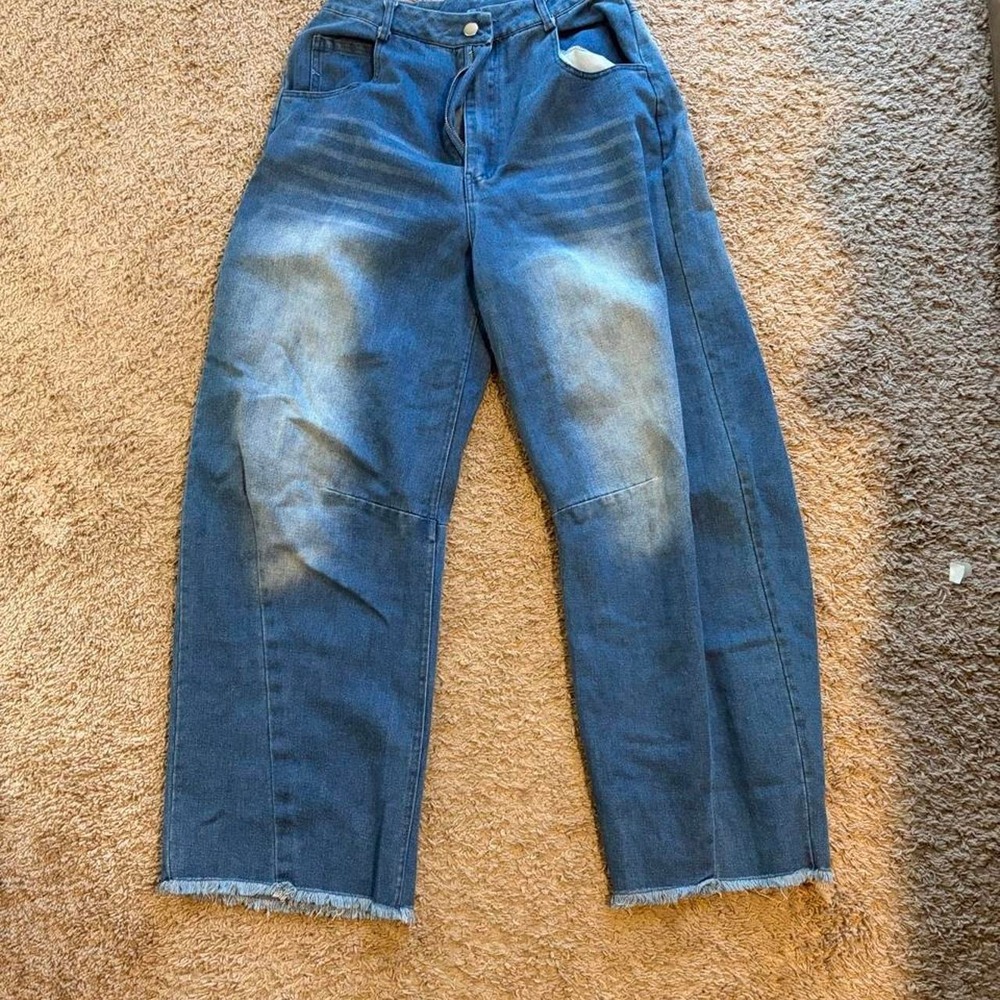 Womens Blue Distressed Wide Leg Jeans Frayed Hem Denim Pants Size S